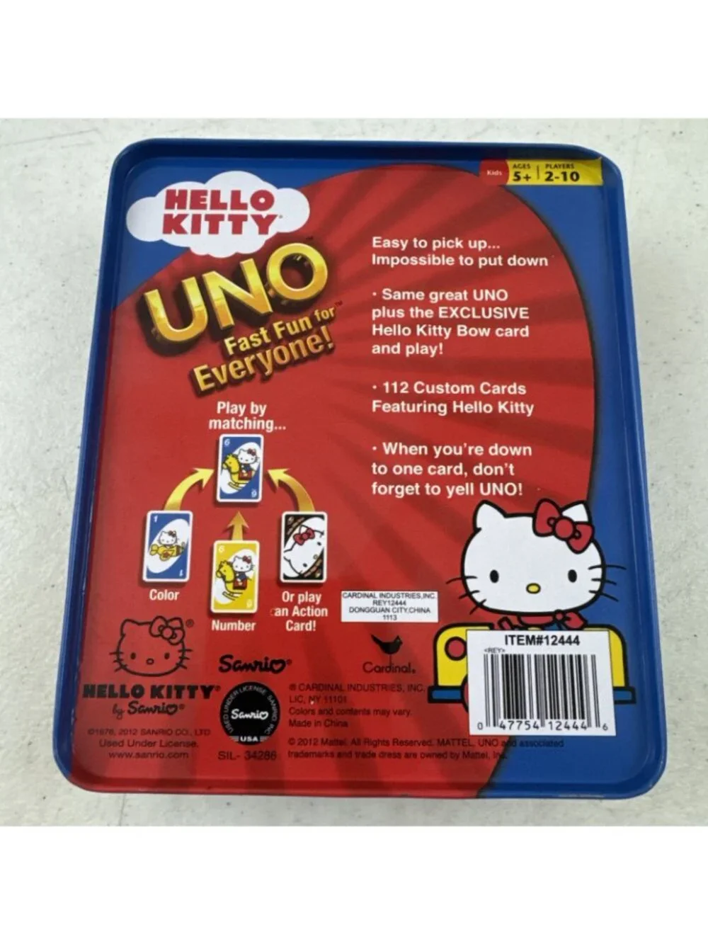 Sanrio Hello Kitty UNO Card Game In Tin Box Mattel 2012 RARE COMPLETE